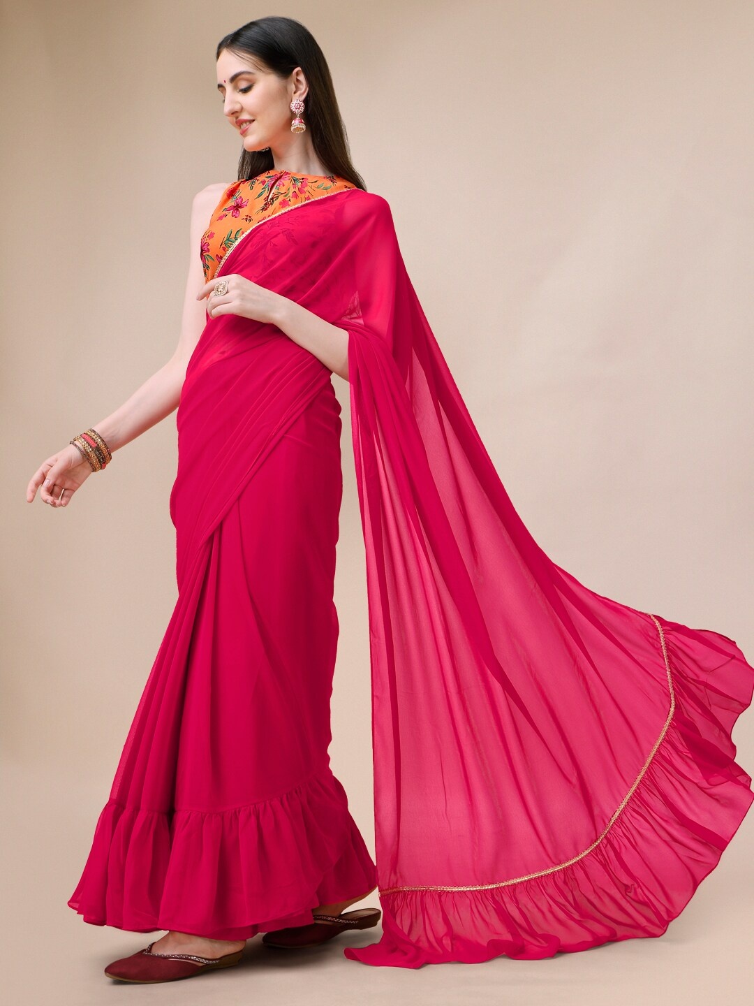 

Sangria Ruffled Saree, Magenta