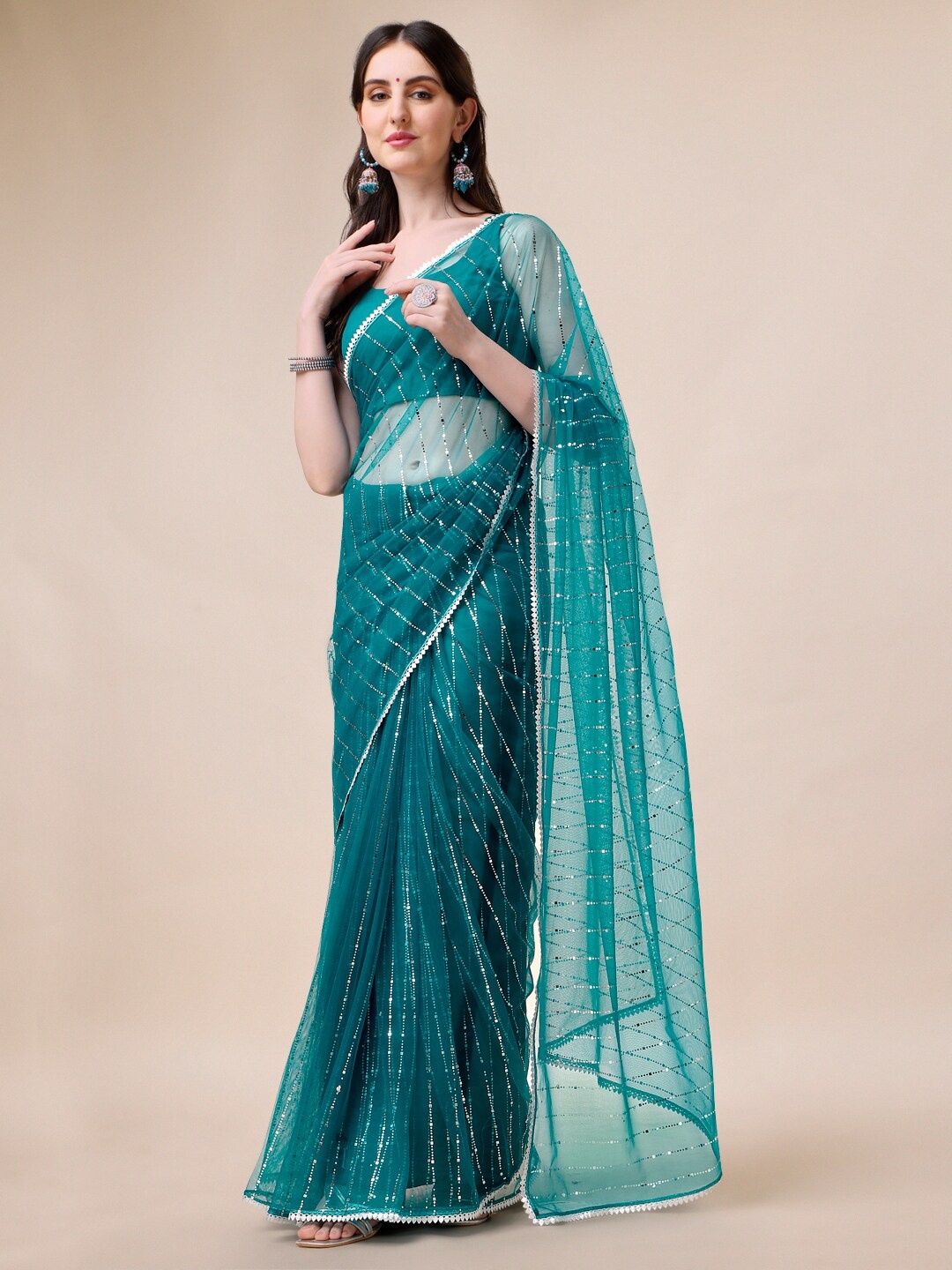 

Sangria Women Embellished Stripes Saree with Blouse Piece, Teal