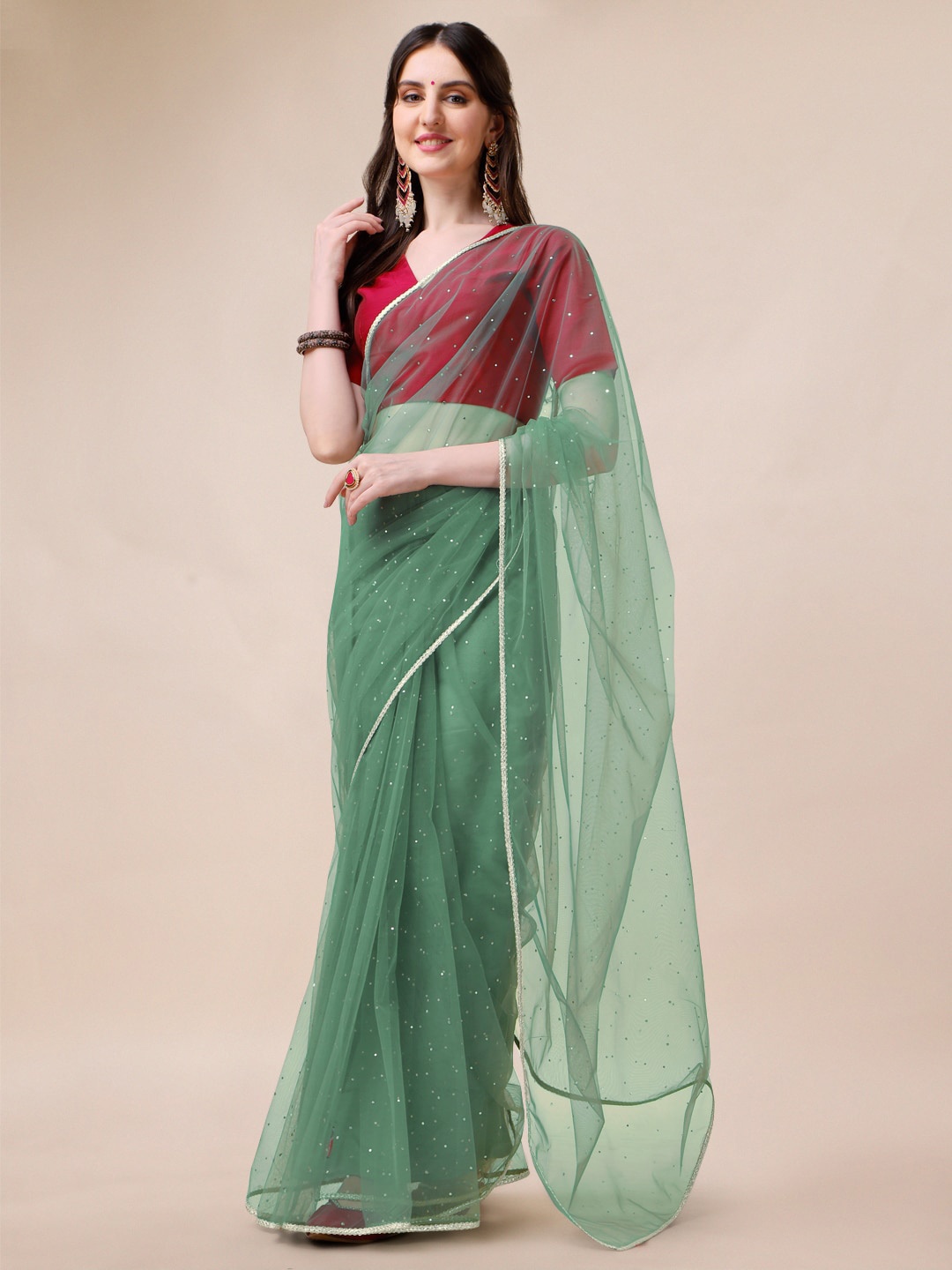 

Sangria Women Mukaish Embroidered Saree with Blouse Piece, Green