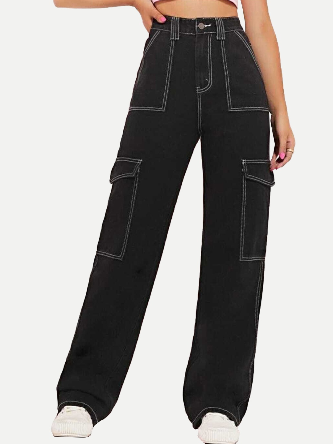 

Next One Women Smart Wide Leg High-Rise Clean Look Cotton Stretchable Jeans, Black