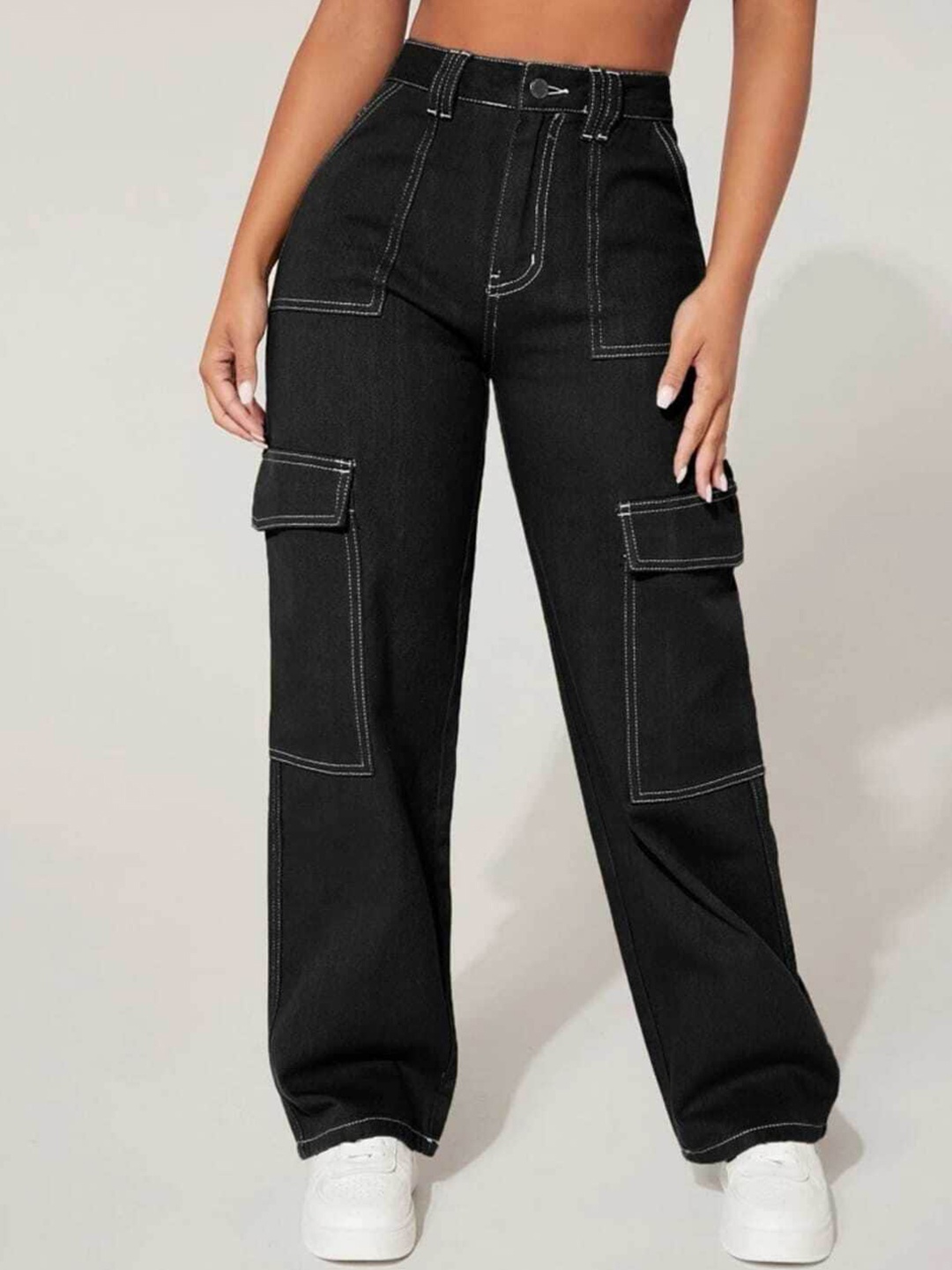 

Next One Women Smart Wide Leg High-Rise Clean Look Cotton Stretchable Jeans, Black