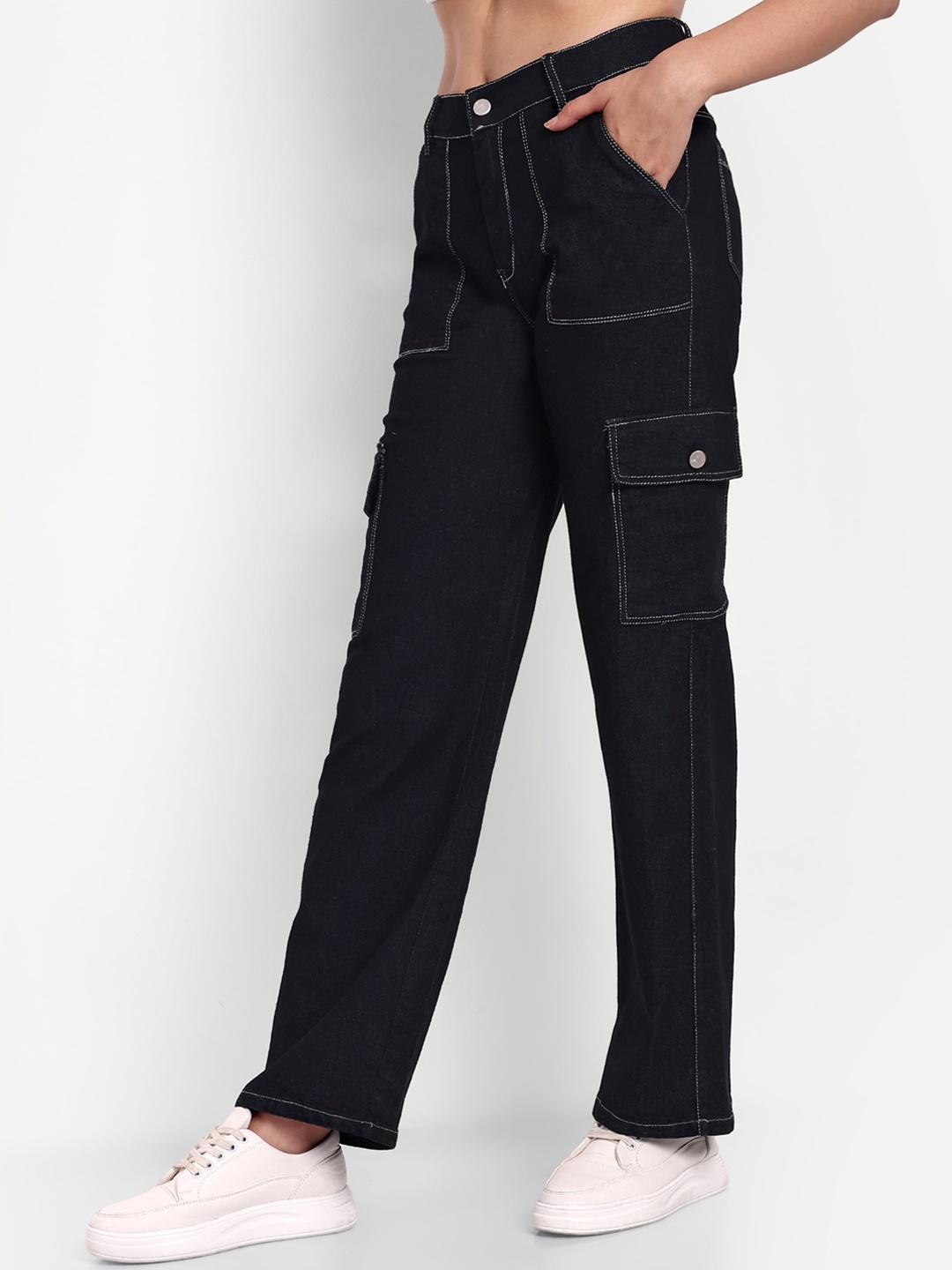 

Next One Smart Wide Leg High-Rise Mildly Distressed Stretchable Jeans, Black