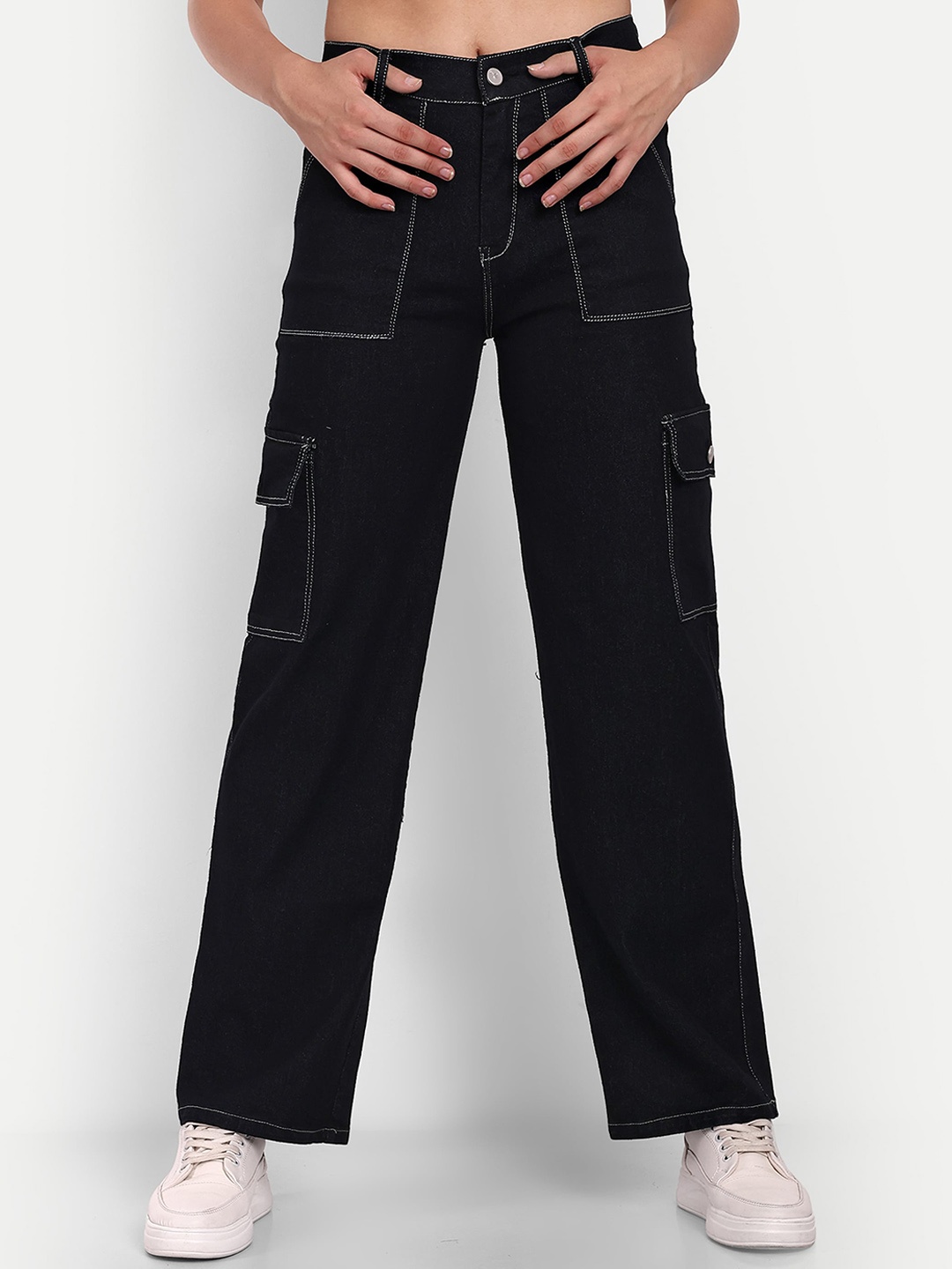 

Next One Women Smart Wide Leg High-Rise Clean Look Cotton Stretchable Jeans, Black