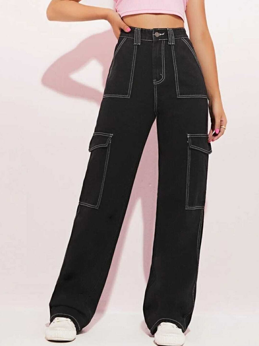 

Next One Women Smart Wide Leg High-Rise Clean Look Cotton Stretchable Jeans, Black