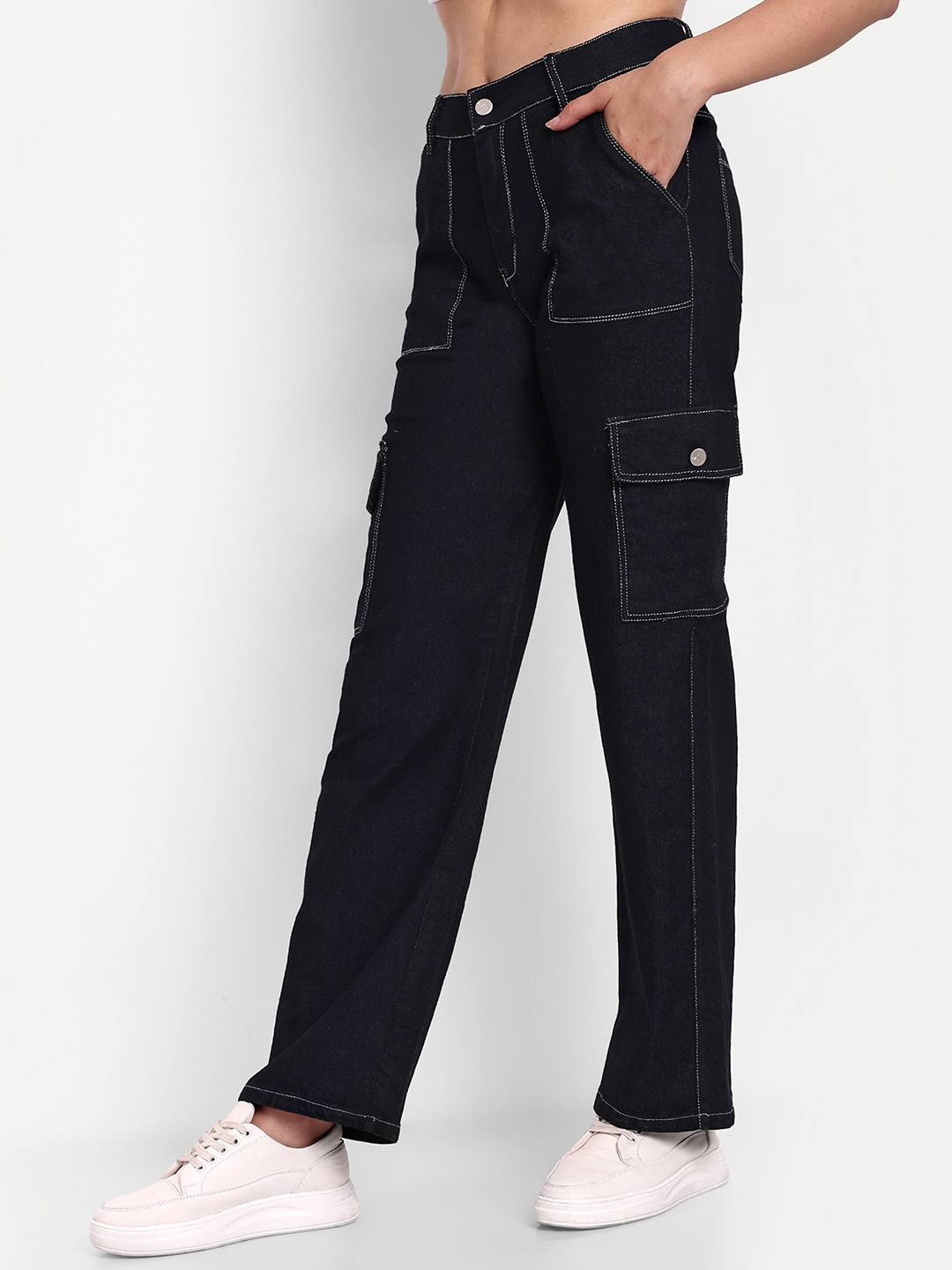 

Next One Women Smart Wide Leg High-Rise Clean Look Cotton Stretchable Jeans, Black