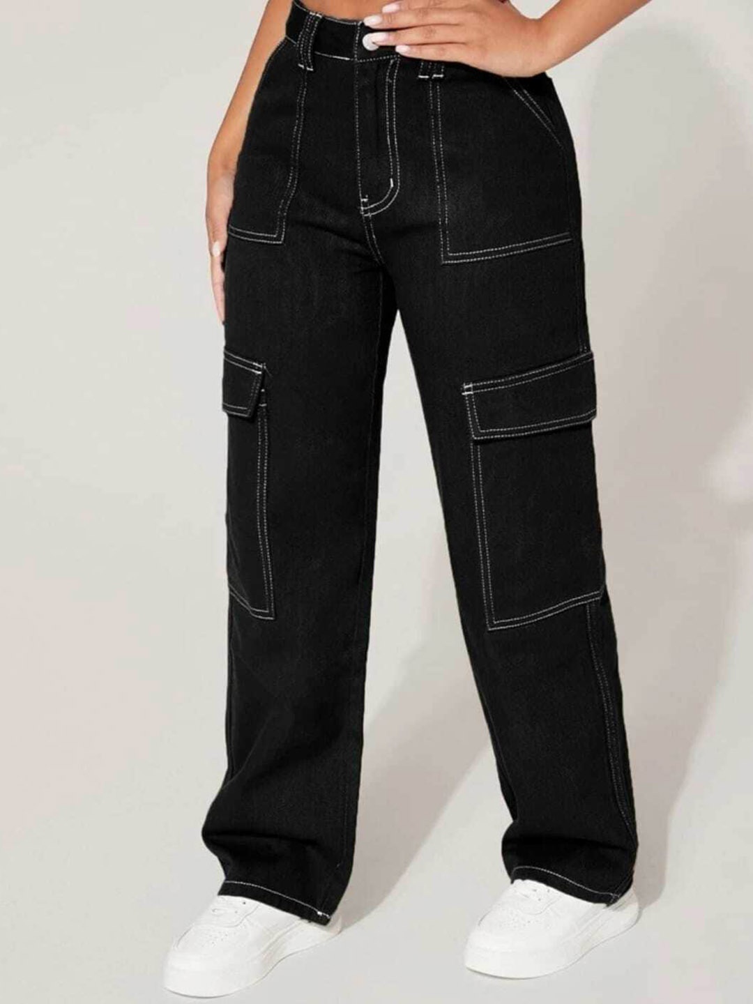 

Next One Women Smart Wide Leg High-Rise Clean Look Cotton Stretchable Jeans, Black