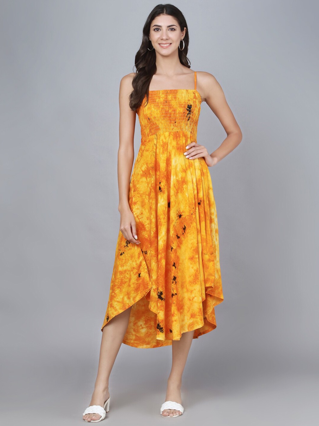 

KALINI Tie & Dyed Shoulder Straps Smocked Fit & Flare Midi Dress, Yellow