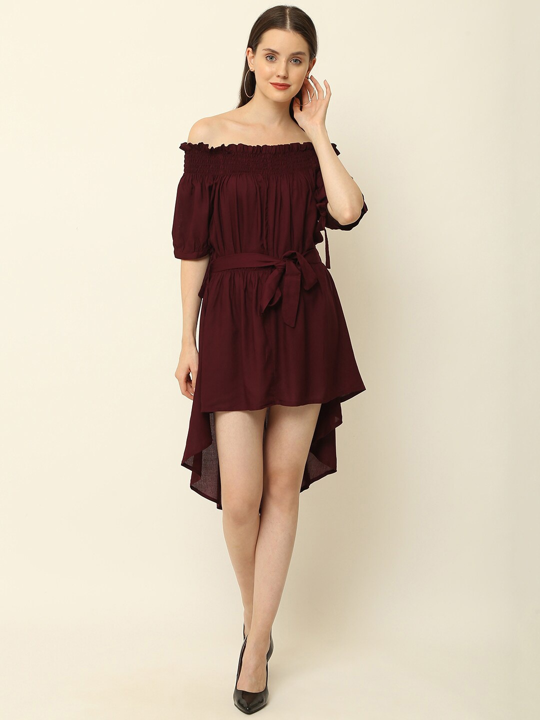 

KALINI Off-Shoulder Smocked A-Line Dress, Maroon