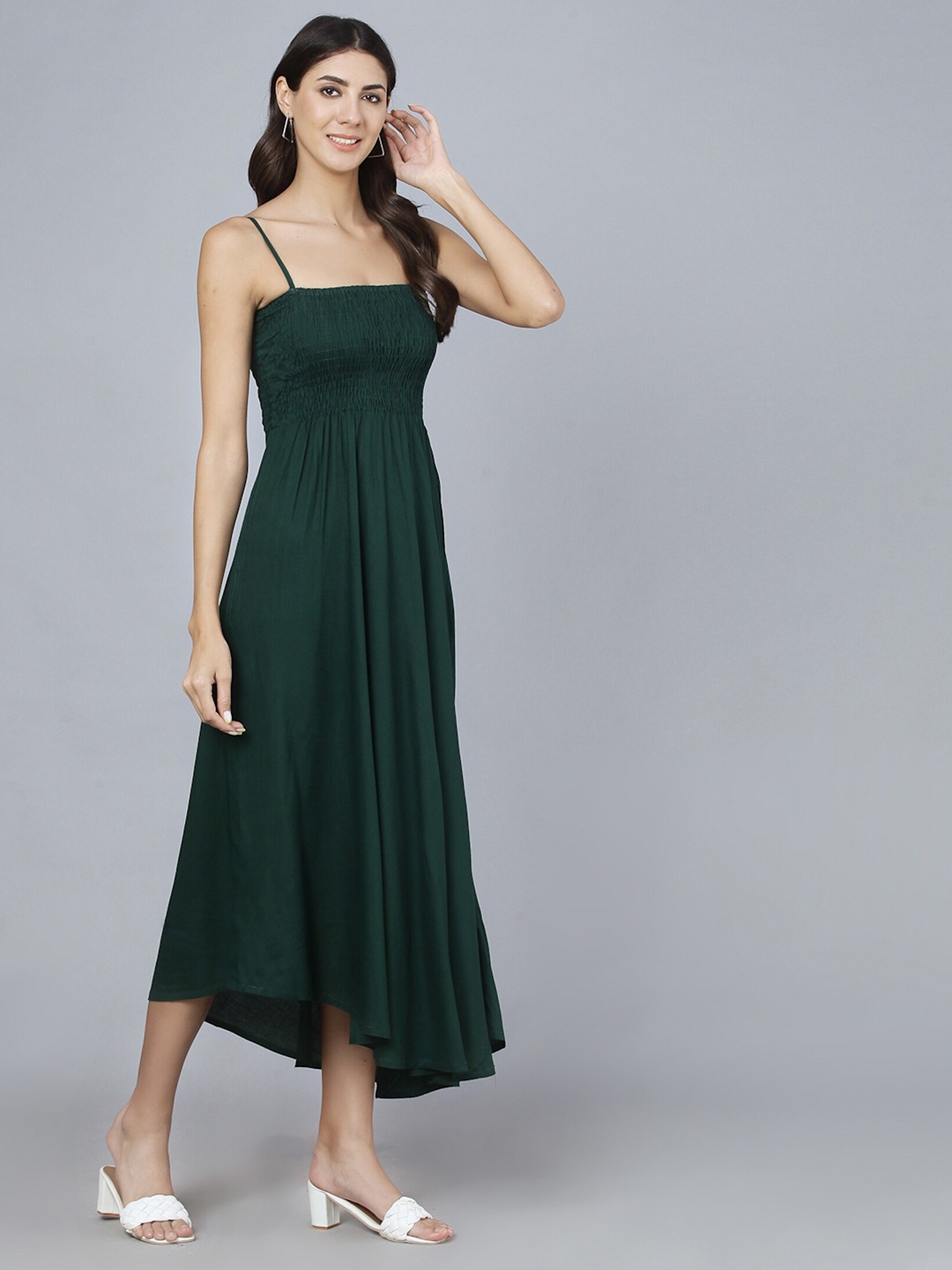 

KALINI Shoulder Straps Smocked Fit & Flare Midi Dress, Green