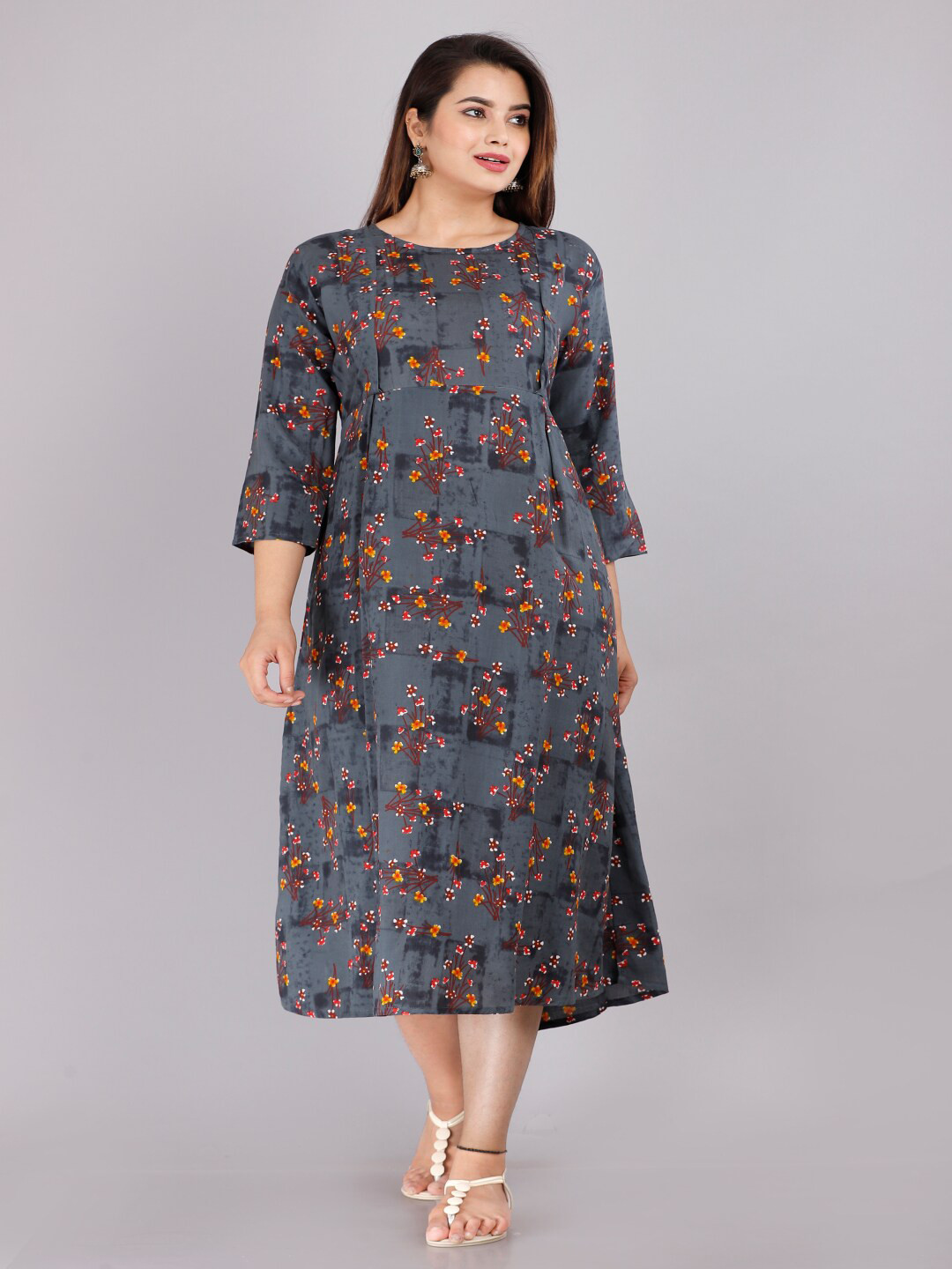 

KALINI Floral Printed Round Neck Maternity A-Line Midi Dress, Grey