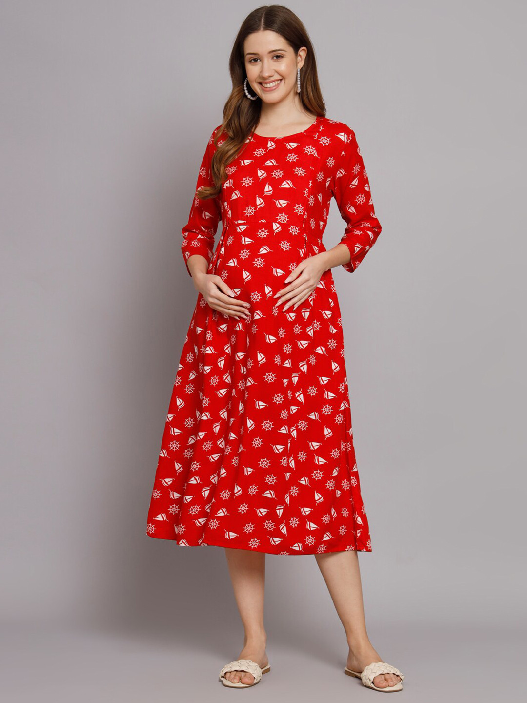 

KALINI Conversational Printed Round Neck Maternity A-Line Midi Dress, Red