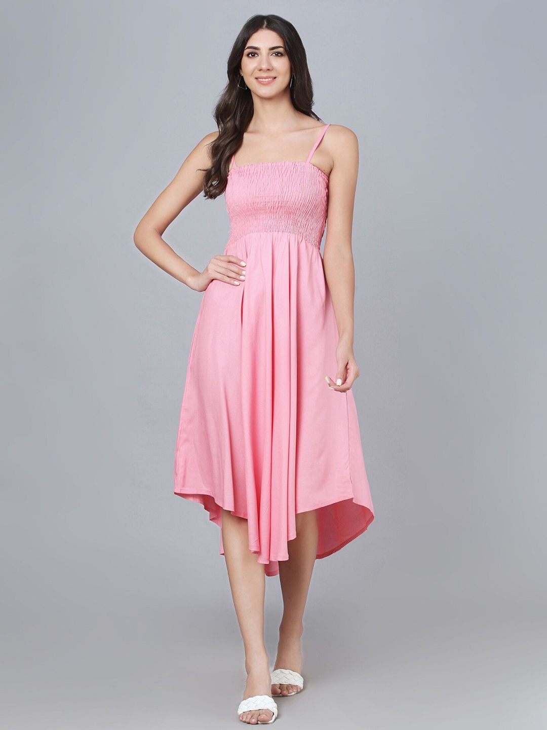 

KALINI Shoulder Straps Smocked Fit & Flare Midi Dress, Pink