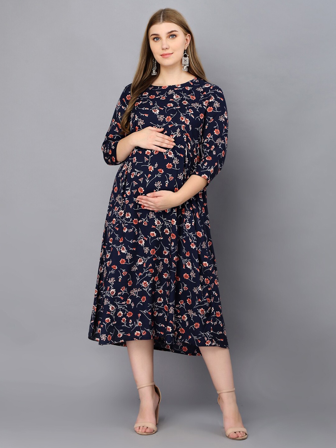 

KALINI Floral Printed Round Neck Maternity A-Line Midi Dress, Blue