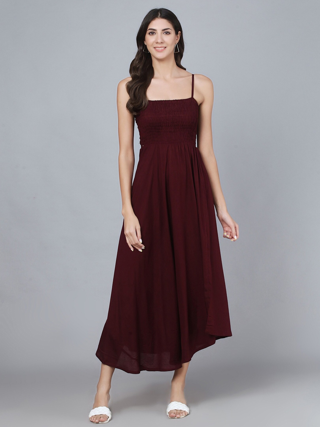 

KALINI Shoulder Straps Smocked Fit & Flare Midi Dress, Maroon