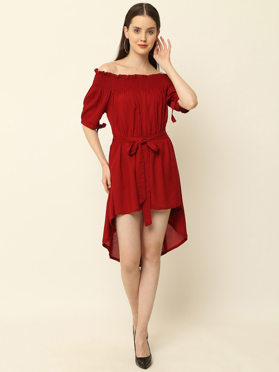 

KALINI Off-Shoulder Smocked A-Line Dress, Red