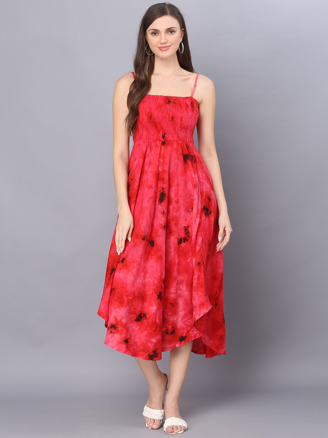 

KALINI Tie & Dyed Shoulder Straps Smocked Fit & Flare Midi Dress, Red