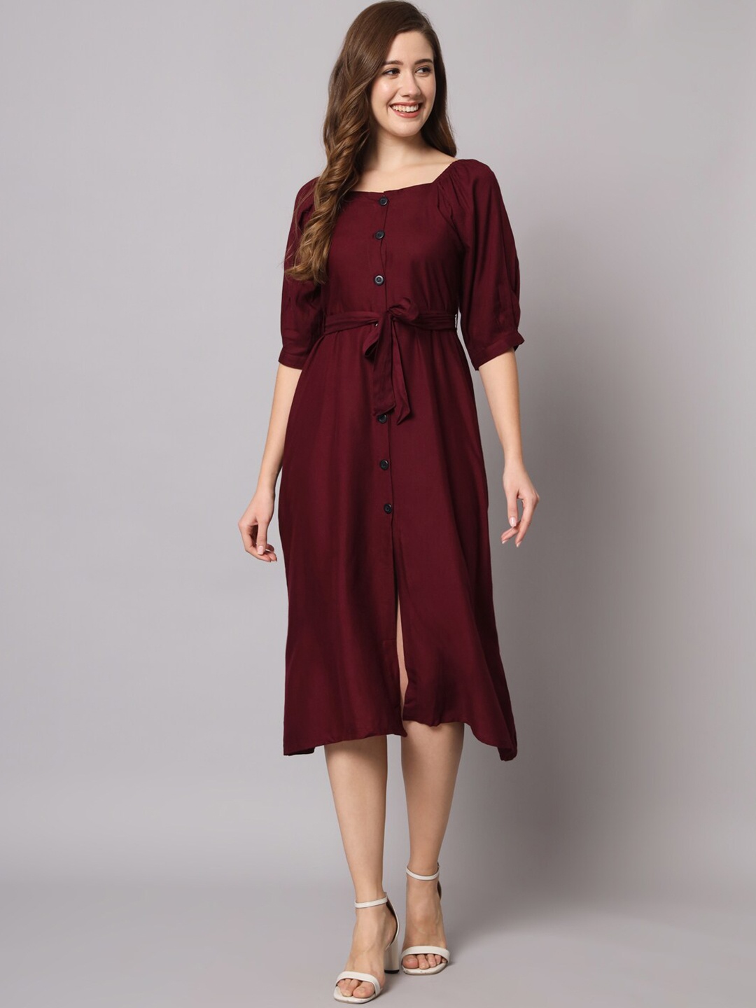 

KALINI Belted Detailed Square Neck Puff Sleeve A-Line Dress, Burgundy