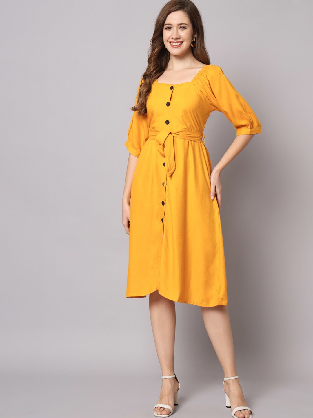 

KALINI Belted Detailed Square Neck Puff Sleeve A-Line Dress, Mustard