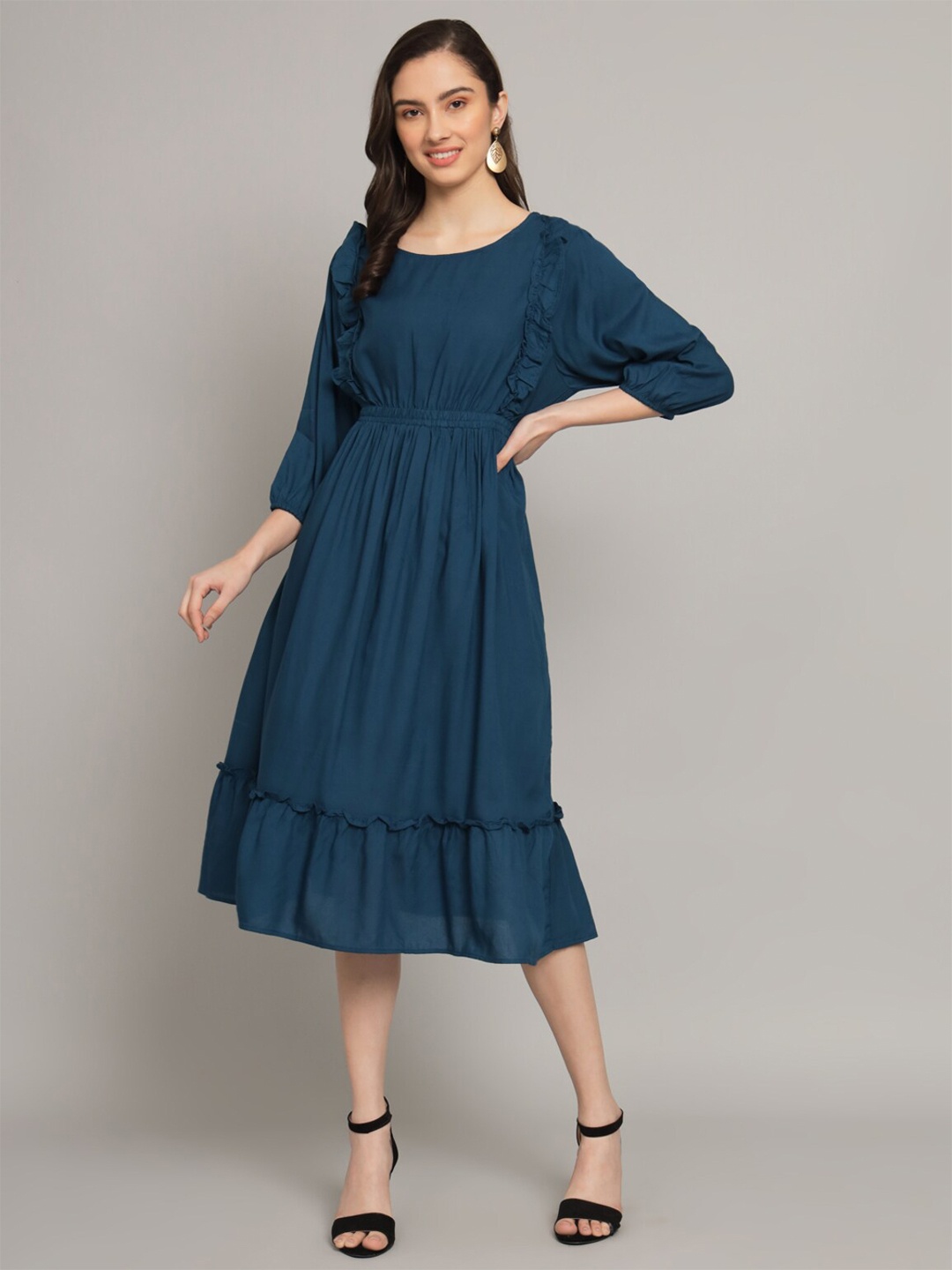 

KALINI Puff Sleeve Ruffled Fit & Flare Midi Dress, Teal