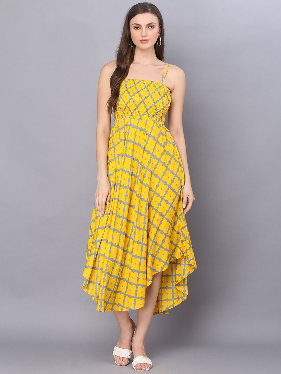 

KALINI Geometric Printed Smocked Fit & Flare Midi Dress, Yellow
