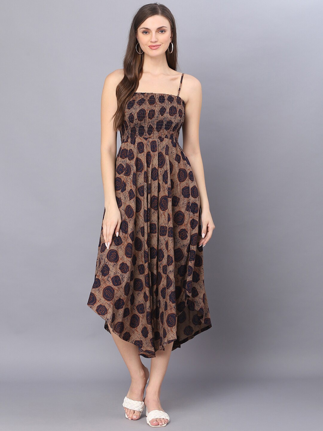 

KALINI Abstract Printed Shoulder Straps Smocked Fit & Flare Midi Dress, Copper