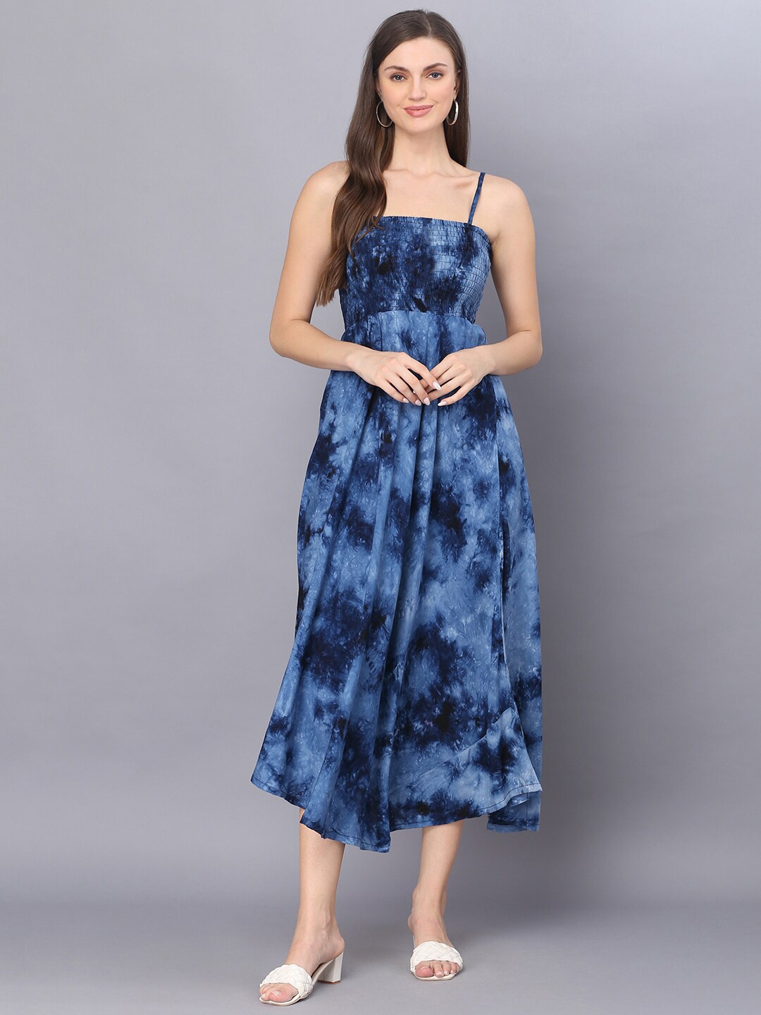 

KALINI Tie & Dyed Shoulder Straps Smocked Fit & Flare Midi Dress, Navy blue
