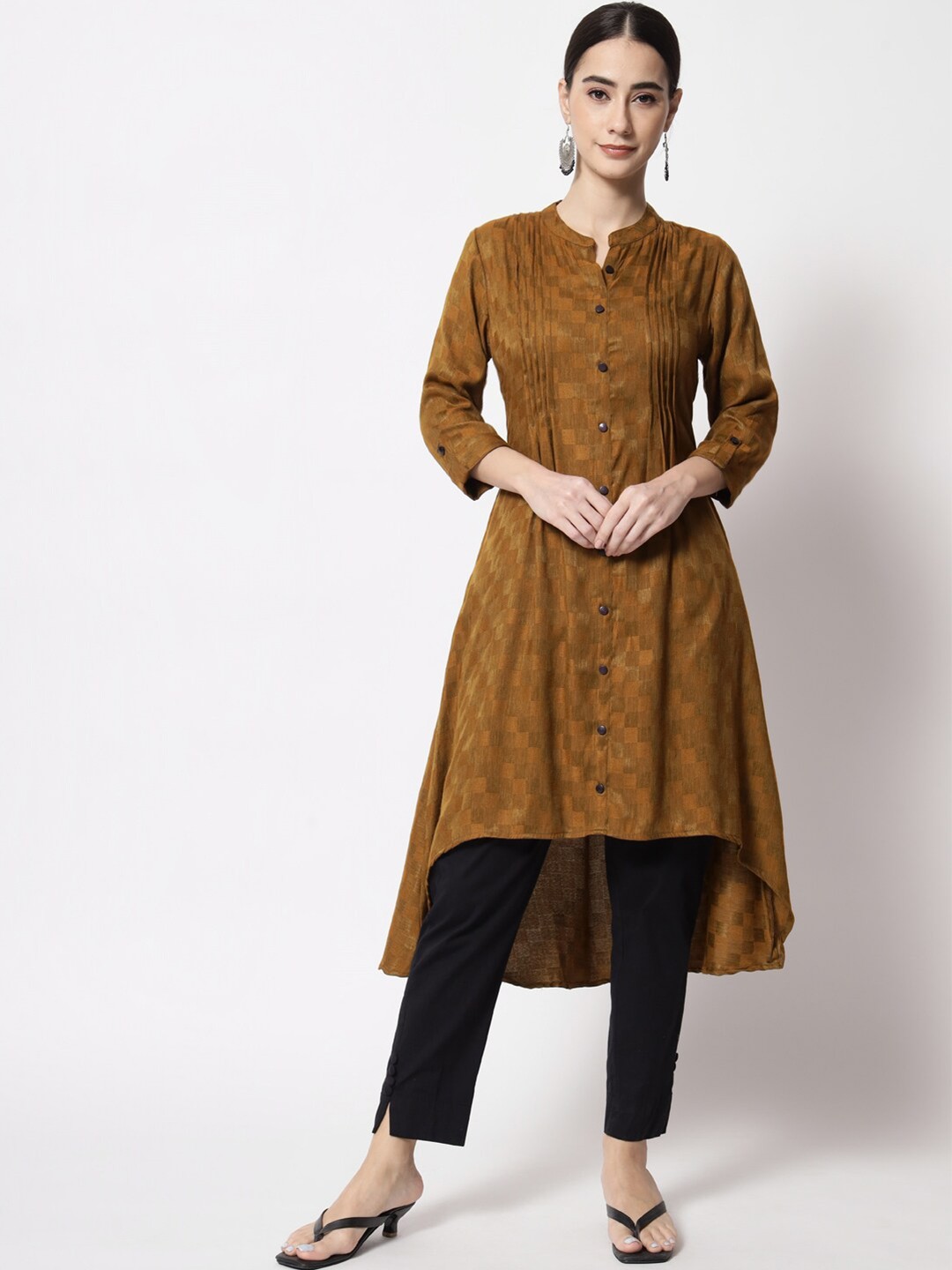 

KALINI Woven Design Mandarin Collar A-Line Kurta, Brown