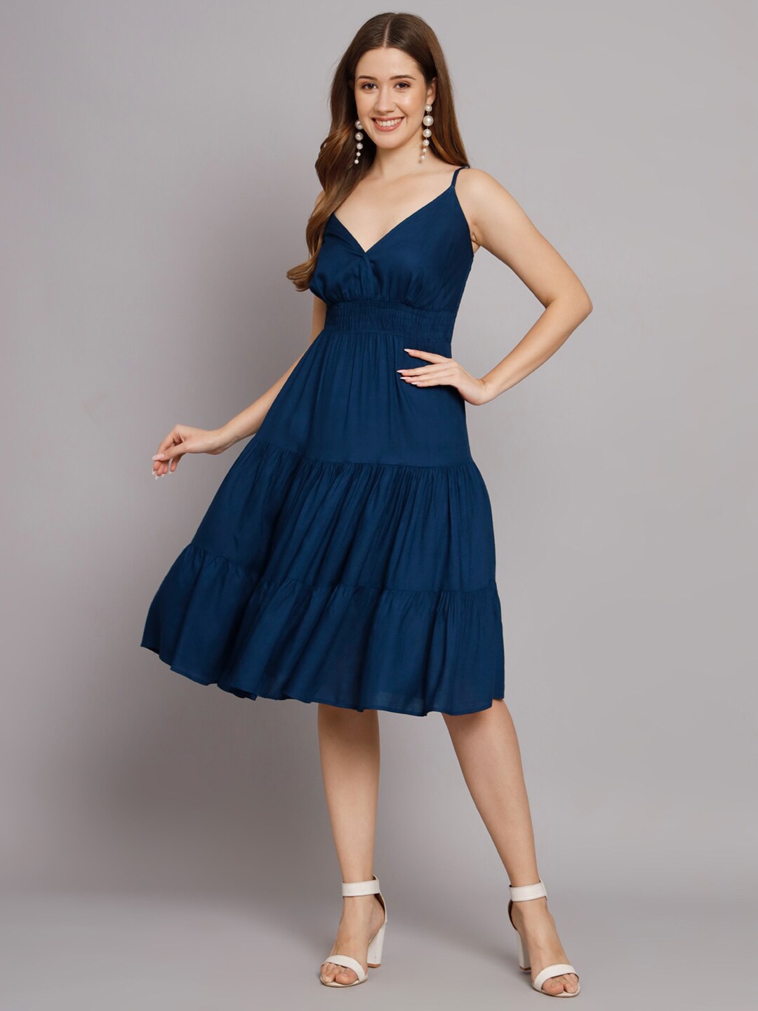 

KALINI Teal Smocked Detail Fit and Flare Dress