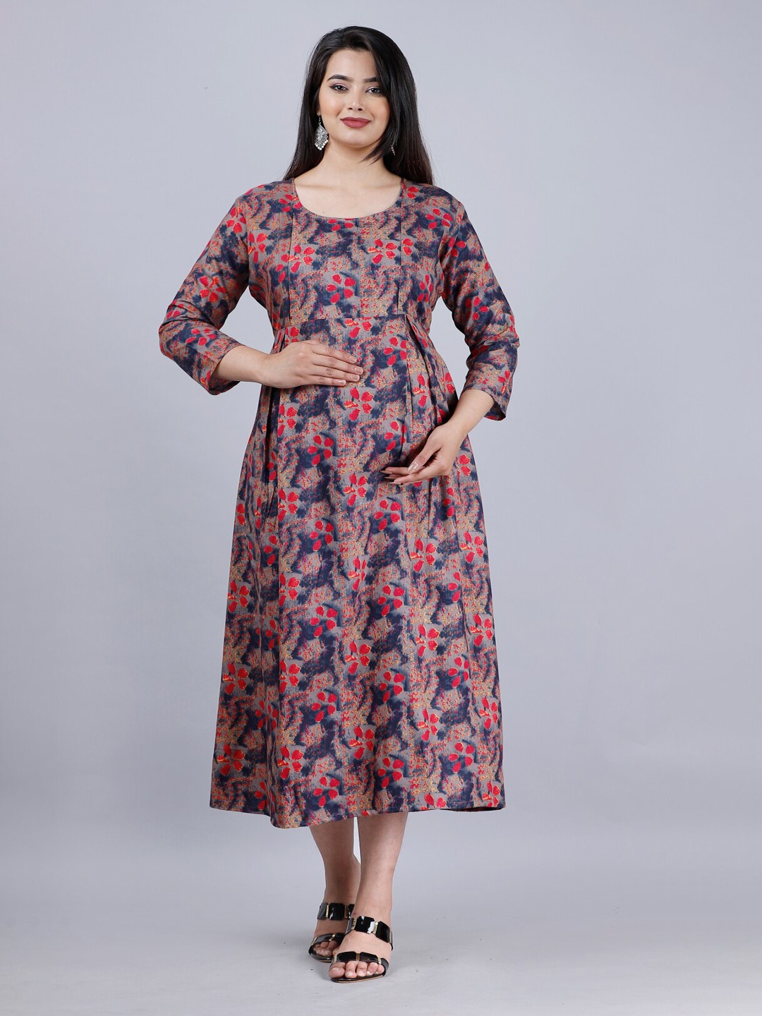 

KALINI Floral Printed round Neck Gathered Maternity A-Line Midi Dress, Pink