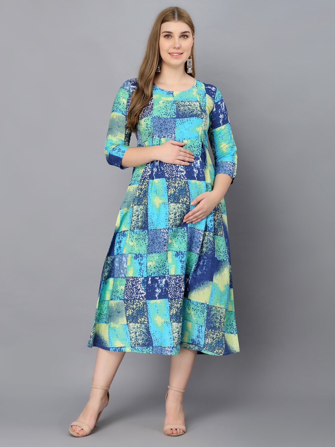 

KALINI Abstract Printed Maternity Feeding A-Line Midi Dress, Green