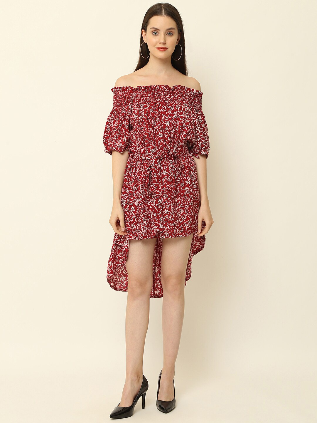 

KALINI Floral Printed Off-Shoulder Fit & Flare Mini Dress, Maroon