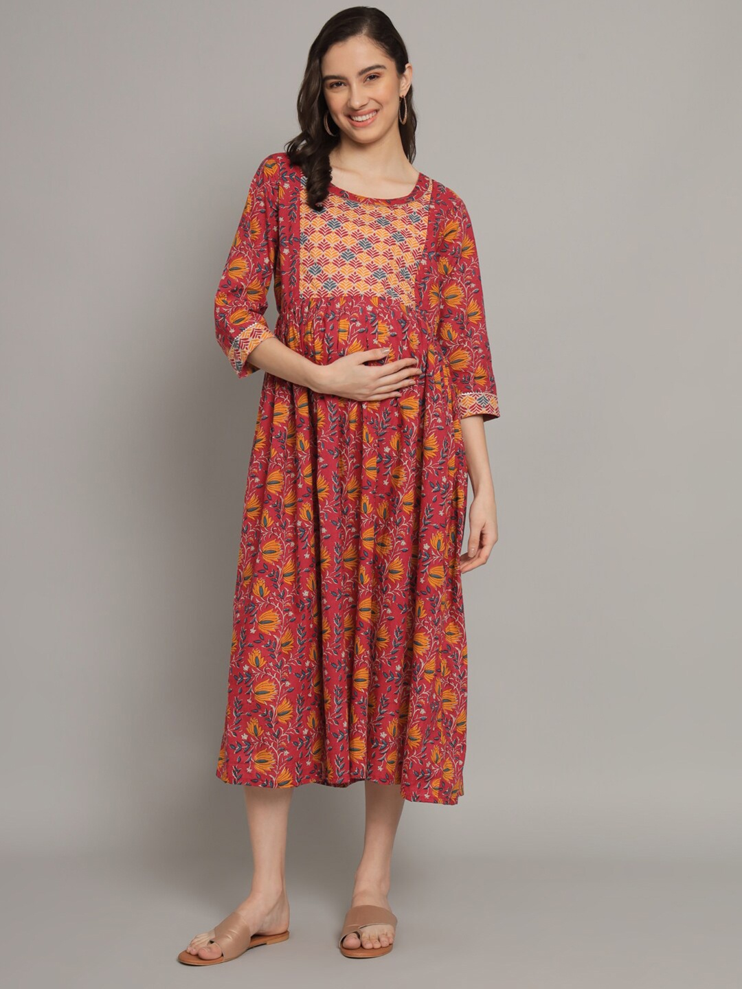 

KALINI Ethnic Motifs Printed Maternity Cotton A-Line Midi Dress, Red