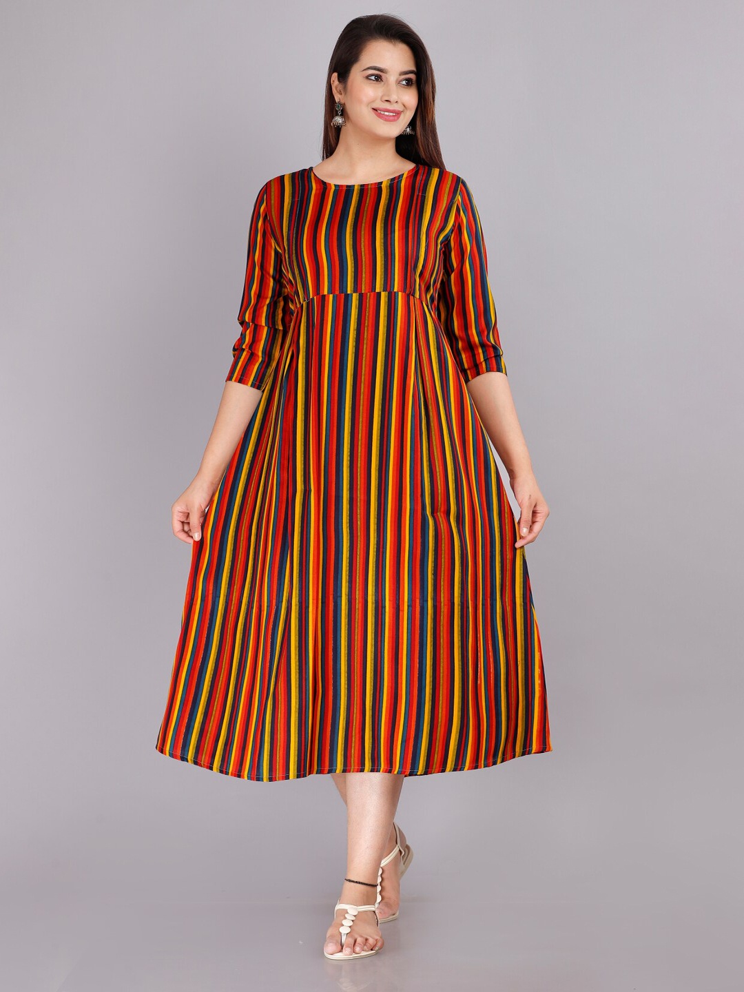

KALINI Striped Round Neck Maternity A-Line Midi Dress, Red