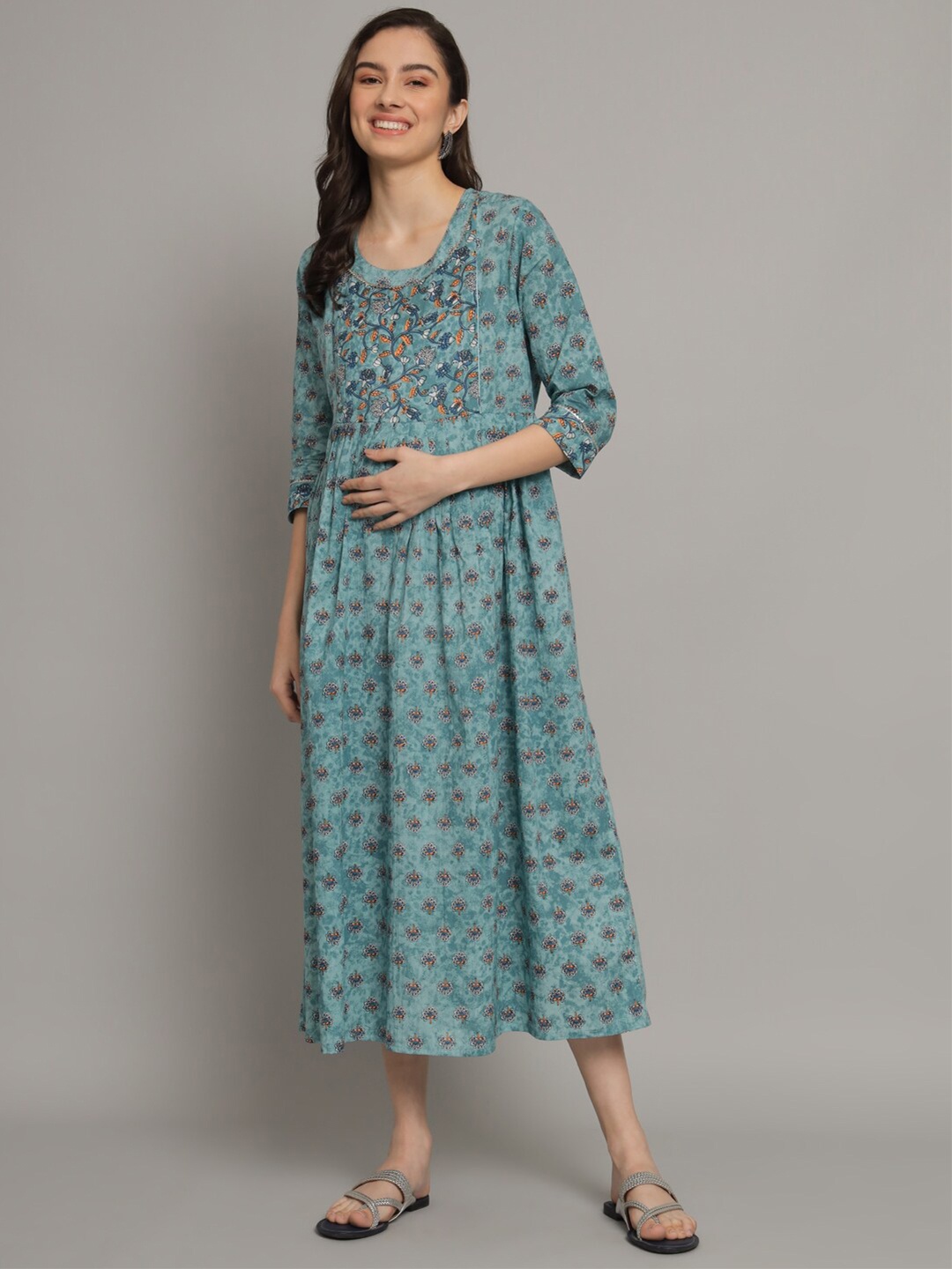 

KALINI Ethnic Motifs Printed Maternity Cotton A-Line Midi Dress, Blue