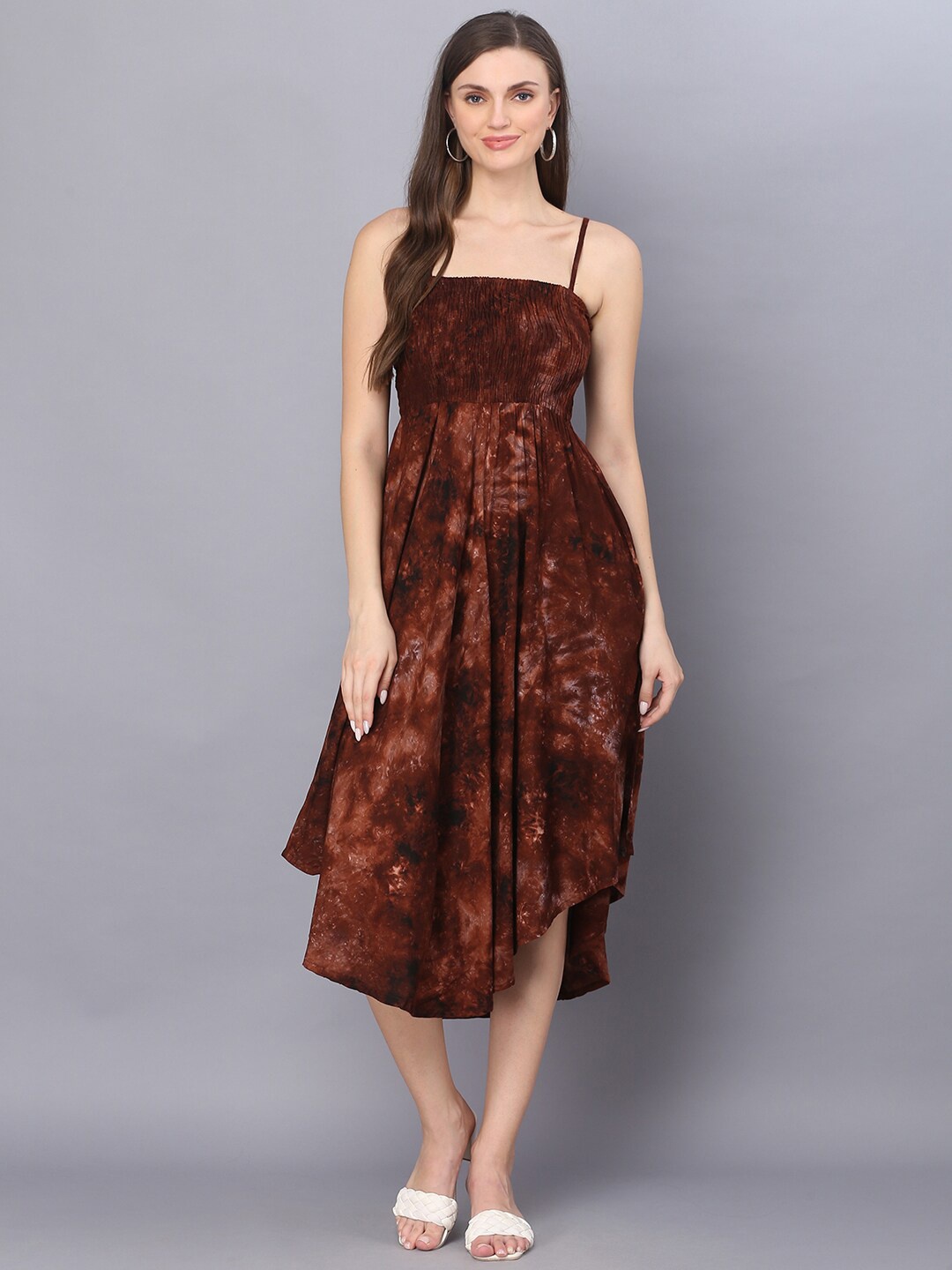 

KALINI Abstract Printed Shoulder Straps Smocked Detailed Fit & Flare Midi Dress, Brown