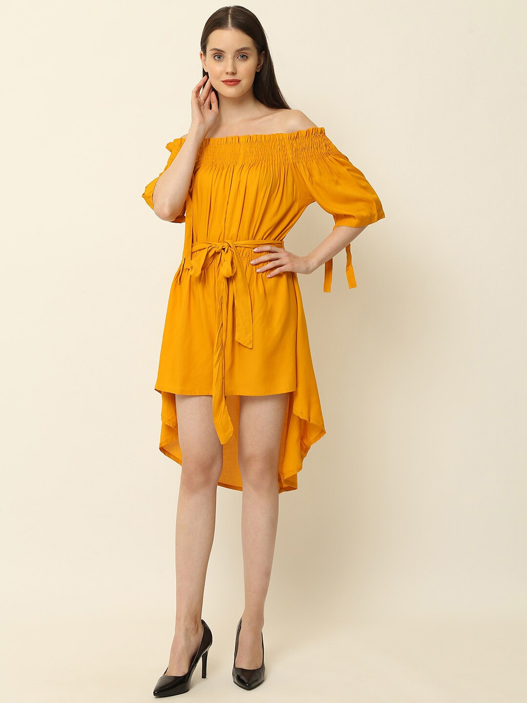 

KALINI Mustard Yellow Off-Shoulder A-Line Dress