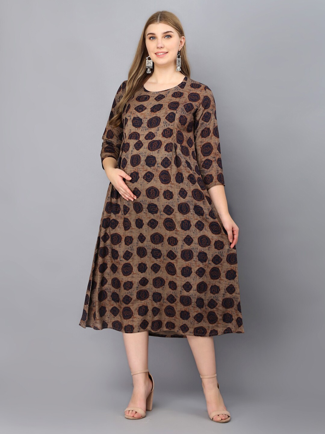 

KALINI Conversational Printed round Neck Gathered Maternity A-Line Midi Dress, Blue