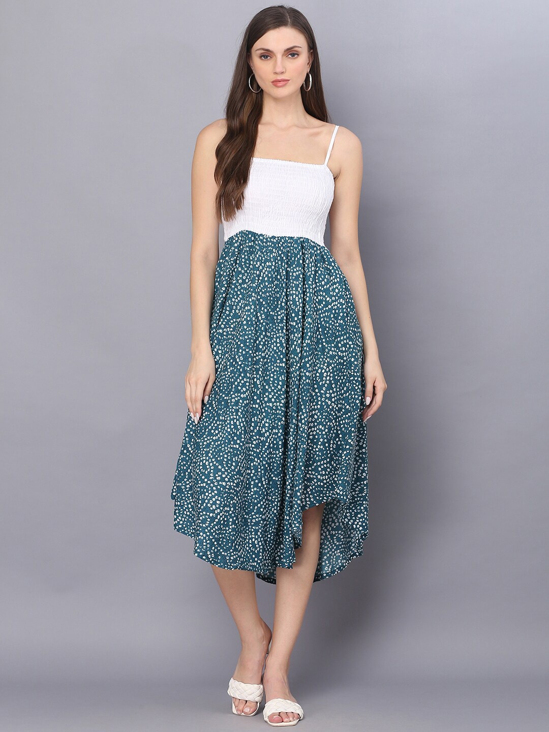 

KALINI Shoulder strap Neck Conversational Print Asymmetric Hemline Fit & Flare Midi Dress, White