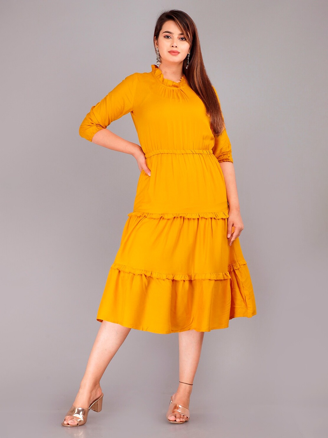 

KALINI Round Neck With Frills Detailed Tiered Fit & Flare Midi Dress, Mustard
