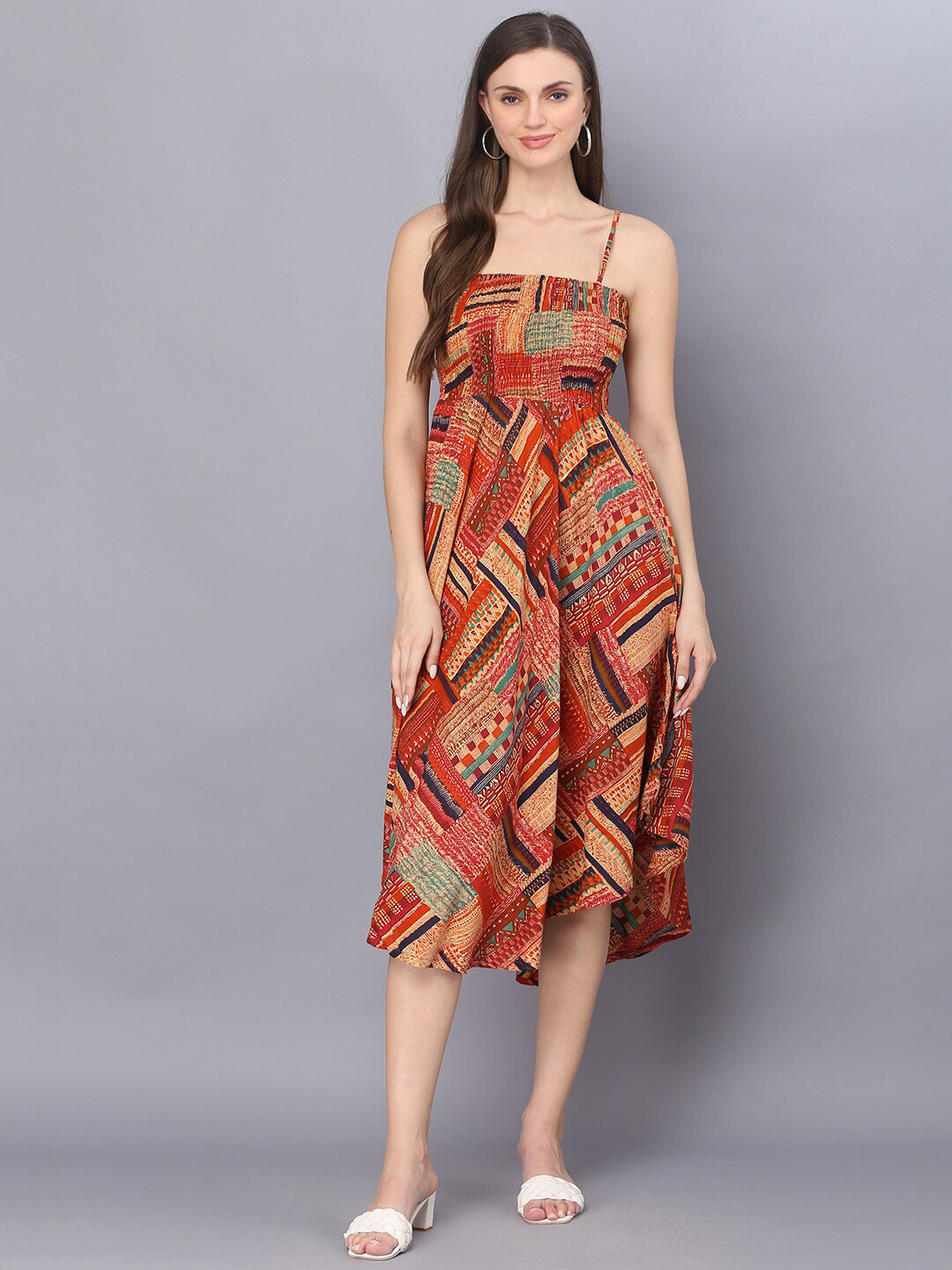 

KALINI Geometric Printed Smocked Fit & Flare Midi Dress, Brown
