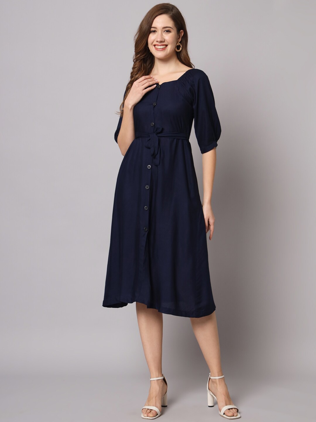 

KALINI Puff Sleeve Fit & Flare Midi Dress, Navy blue