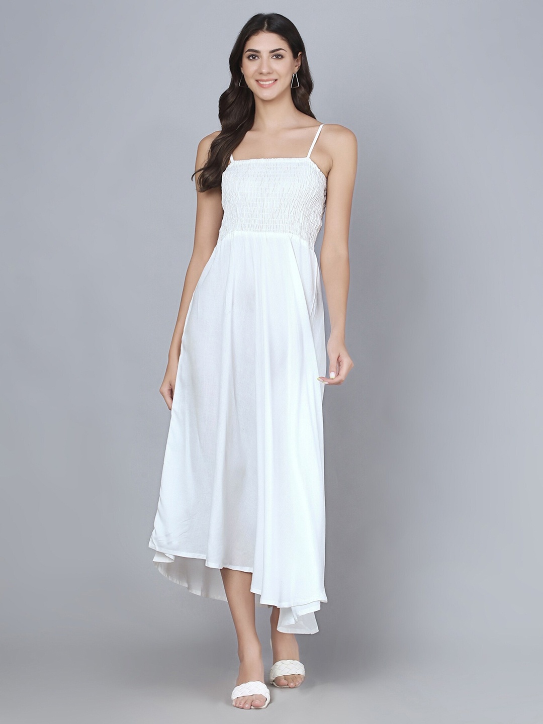 

KALINI Smocked Detailed Shoulder Strap Asymmetric Fit & Flare Midi Dress, White