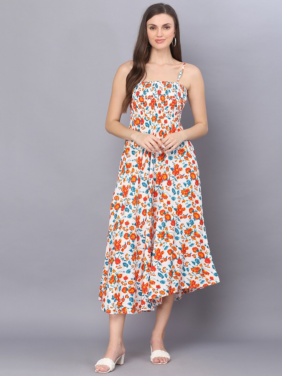 

KALINI White Floral Print Smocked Detail Fit and Flare Dress
