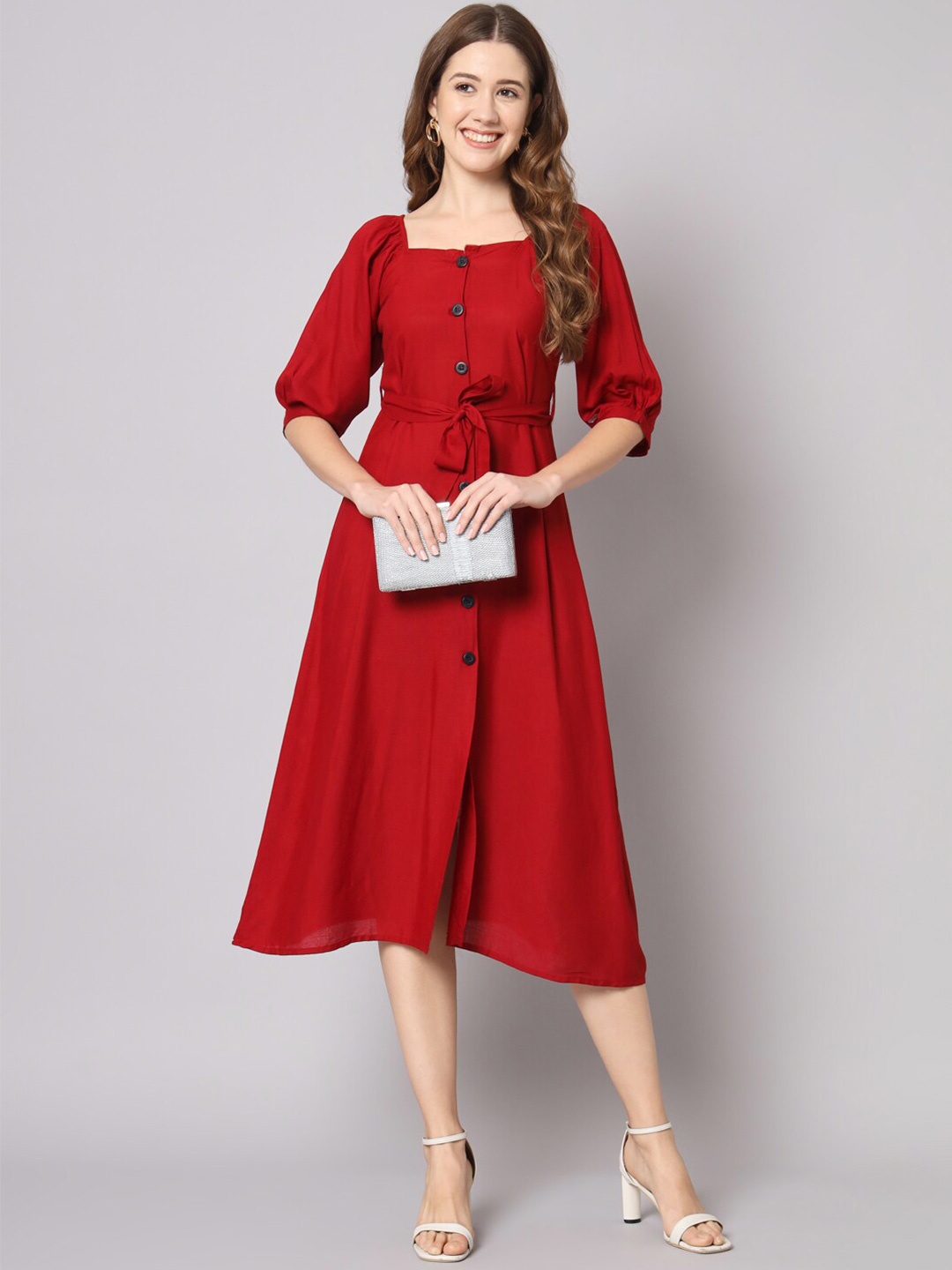 

KALINI Square Neck Puff Sleeves Fit & Flare Midi Dress, Maroon