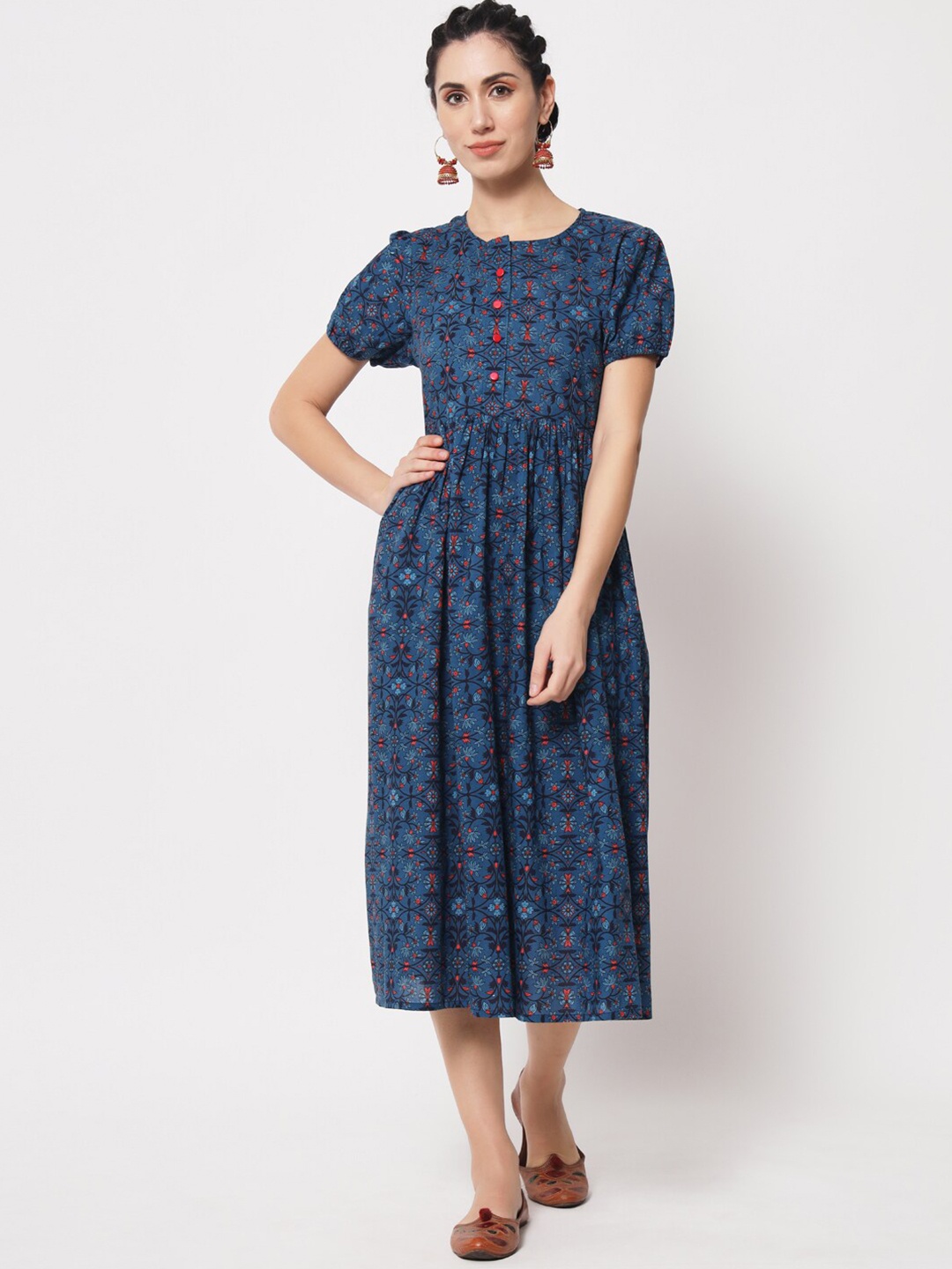 

KALINI Floral Print A-Line Midi Dress, Navy blue