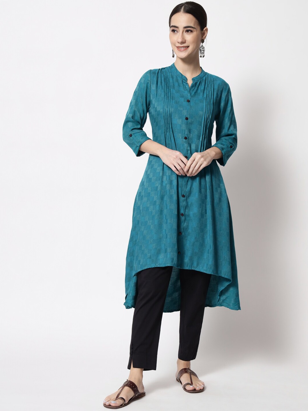 

KALINI Woven Design Mandarin Collar A-Line Kurta, Green