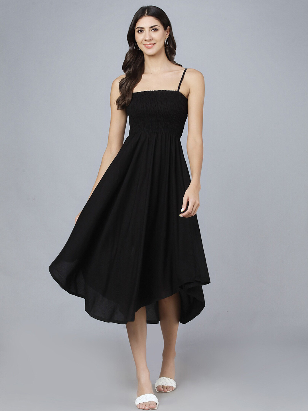 

KALINI Shoulder Straps Smocked Detailed Fit & Flare Midi Dress, Black