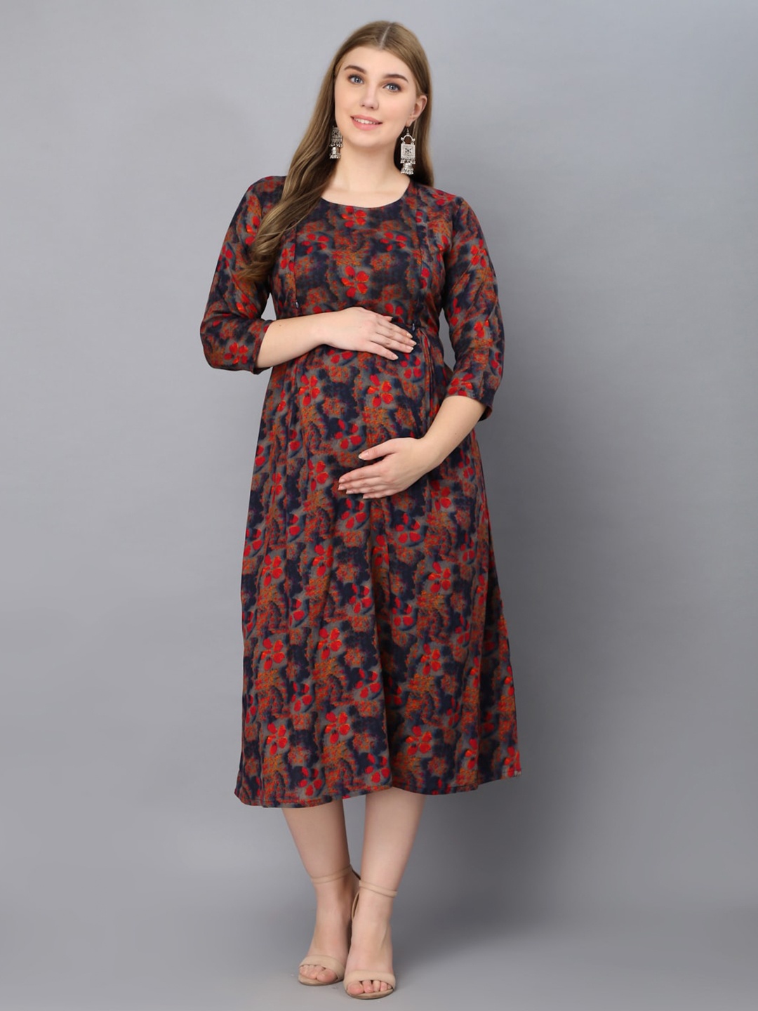 

KALINI Blue Floral Print Maternity A-Line Midi Dress