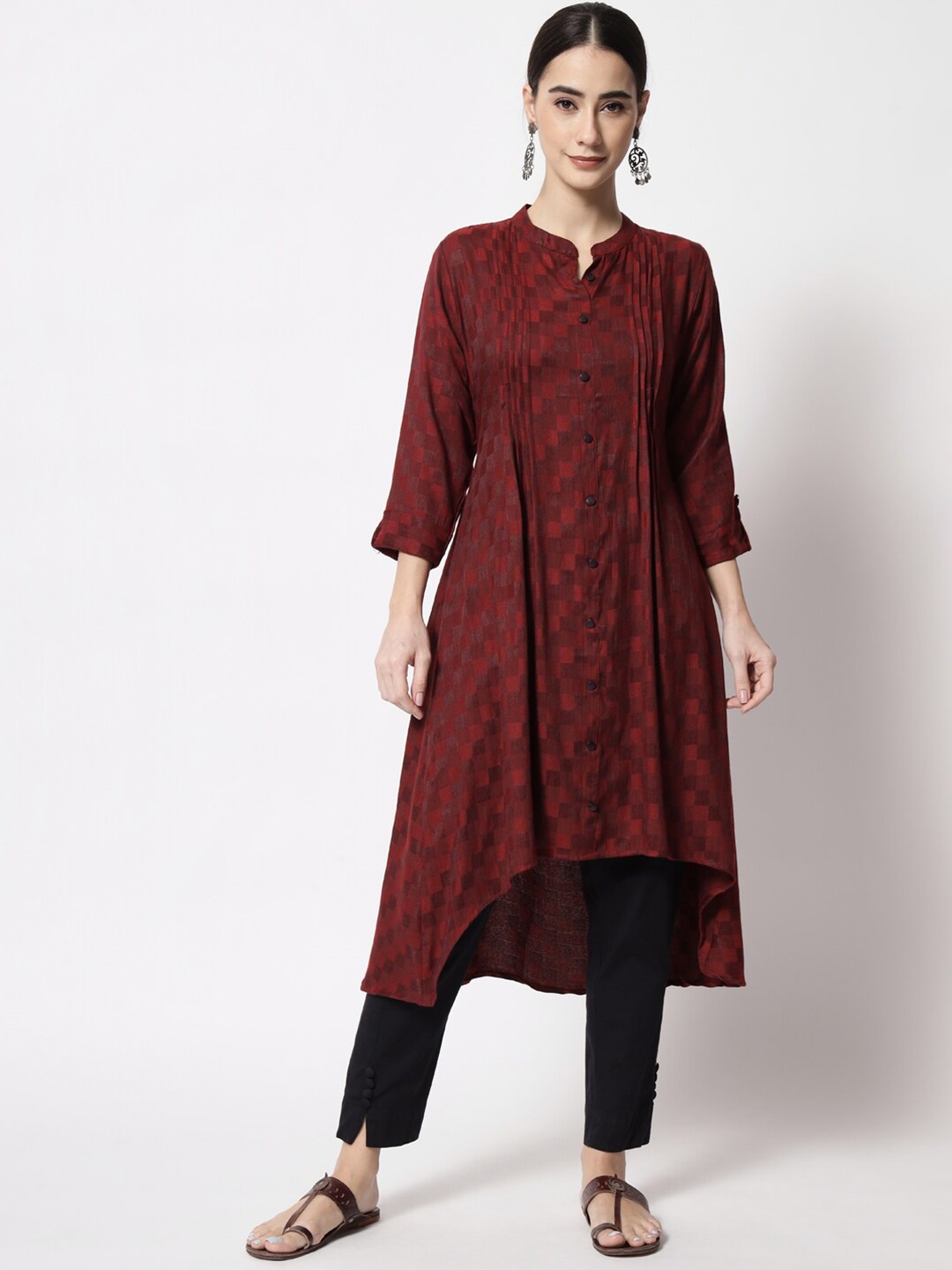 

KALINI Checked Mandarin Collar High & Low A-Line Kurta, Maroon
