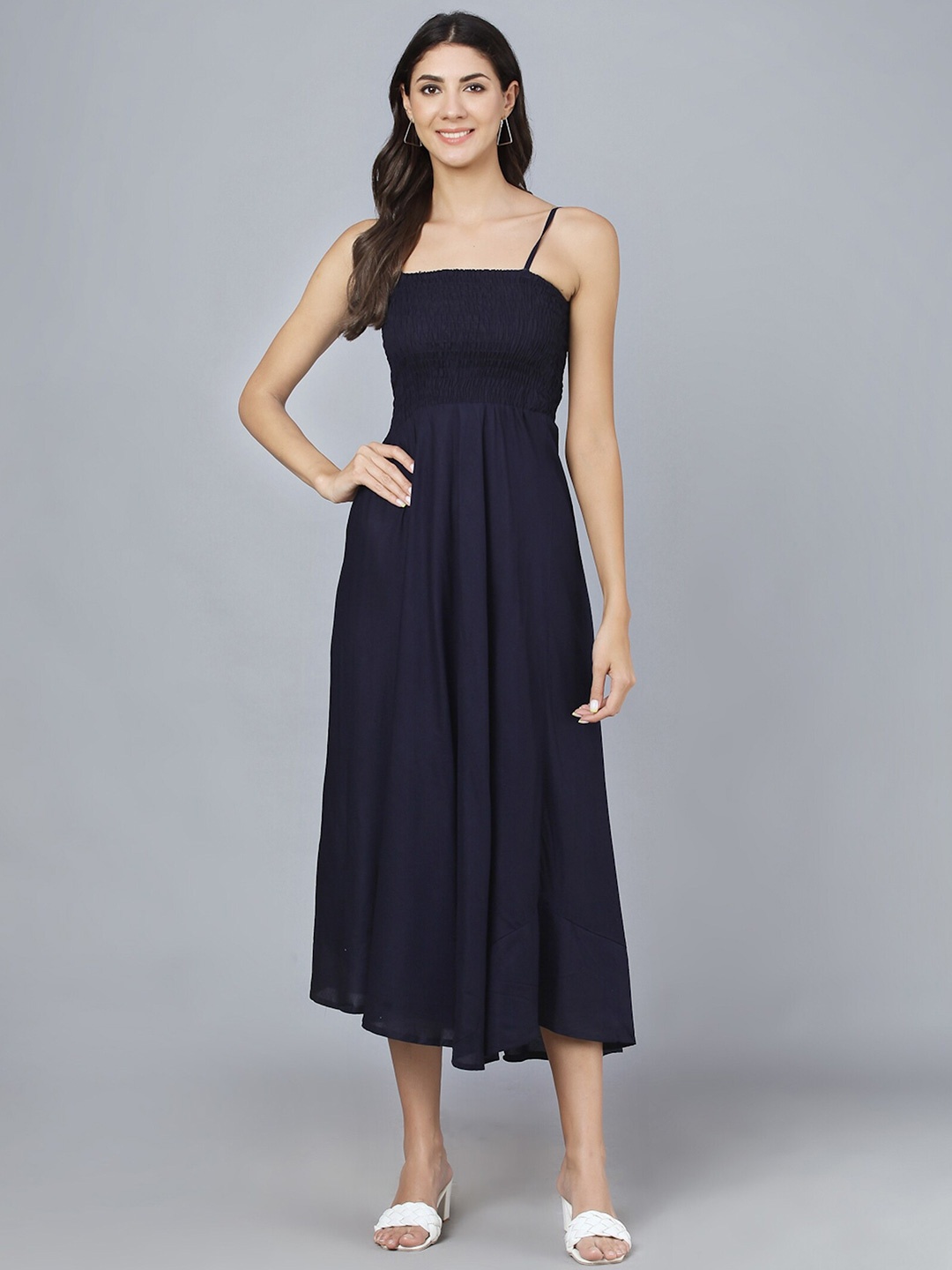 

KALINI Smocked Detail Fit & Flare Dress, Navy blue